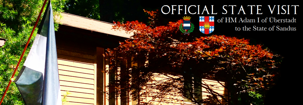 The poster for the official state visit of HM Adam I to Kremlum Sandus Province, State of Sandus.